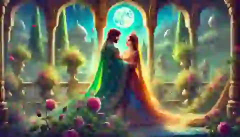 Scheherazade and King Shahryar embracing in the palace garden.