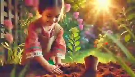 A child plants a small tree in a sunlit garden, symbolizing growth and dreams.