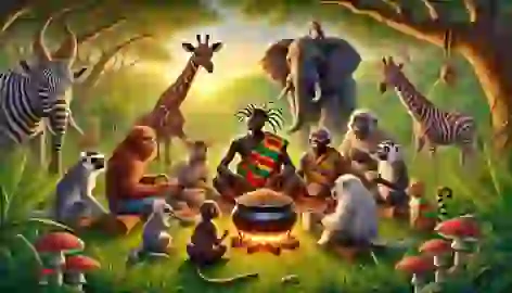 Anansi shares a joyful meal with animals in a lush forest, wearing a kente cloth with a content expression.