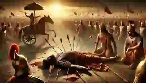 Bhishma lies on a bed of arrows on the battlefield as Arjuna and Krishna stand nearby, showing reverence.