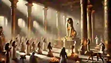 Inside Bastet’s temple in Bubastis, offerings of gold and incense surround a lioness statue as sunlight beams down.