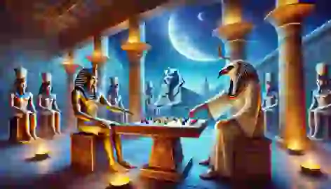 Thoth and Khonsu play senet under a starry sky in a moonlit courtyard near pyramids.