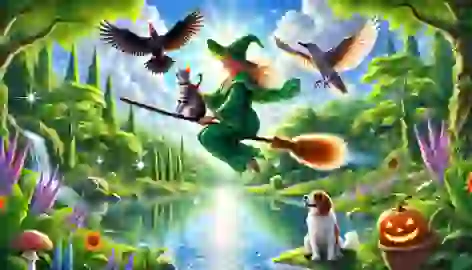 The witch, cat, dog, and bird fly over a shimmering pond on a broomstick.