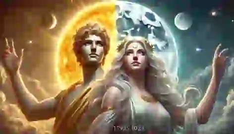 Artemis and Apollo watching over night and day from the heavens, surrounded by celestial light.