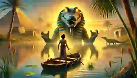 Ammon, a young fisherman, encounters a divine crocodile with glowing eyes on the tranquil Nile River.