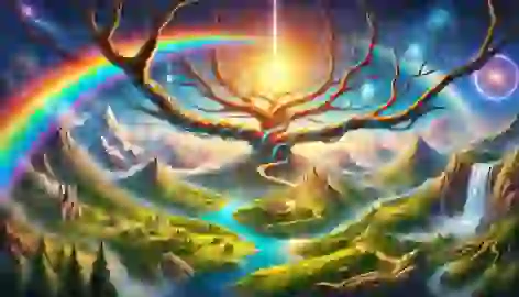 Yggdrasil’s branches holding Midgard and Asgard, connected by the rainbow bridge Bifrost, in a lush landscape.