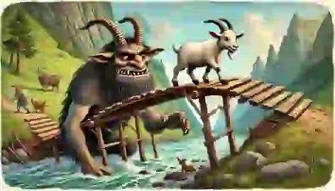 The small Billy Goat Gruff steps onto the bridge as the troll emerges from below, watching the goat intently