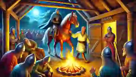  Halvor leads the royal horse out of the stable as guards sleep by a campfire in the foreground.