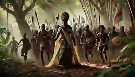 Queen Nzinga leading her troops into battle in the dense forests of Ndongo, using guerrilla tactics against the Portuguese.