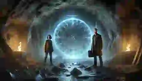 Emma and Professor Stern face a glowing stone door in the ancient tunnels beneath Mannheim.