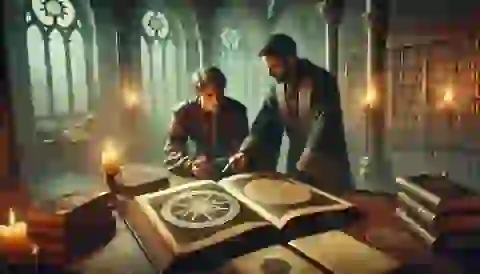 The Sorcerer and Lukas study the Grimoire of Elders together in the tower.