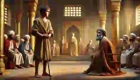 Humble shepherd Arash stands before King Shahrokh’s throne in a grand Persian palace.