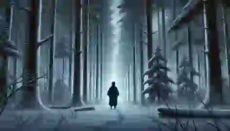 Minokichi stands alone in a snow-covered forest at dusk, calling out for Oyuki as shadows deepen around him.