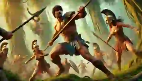  Heracles fights Amazon warriors in a forest, wielding his club amidst a fierce battle.