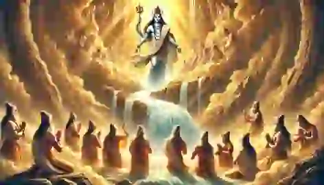 The descent of the river Ganga from Shiva’s hair, as the Seven Sages guide her to Earth under divine light.