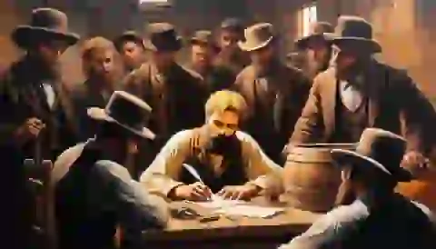 Ned Kelly writing his famous Jerilderie Letter, with his gang members gathered around him in a rustic room.