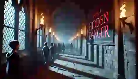 A dark corridor in a magical school with a red message on the wall, creating an eerie atmosphere.