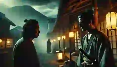 Hayato faces his friend Hiroshi in a tense village scene shrouded in mist.