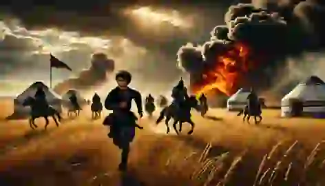 Samai runs from his burning village as Khasar’s warriors attack, smoke and fire filling the sky.