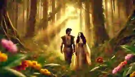 Maria Makiling and Kapitan walk together through a vibrant forest filled with flowers, bathed in warm sunlight.