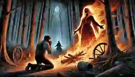 Andrés kneels and confesses his sins before La Candileja, surrounded by swirling flames in the forest.