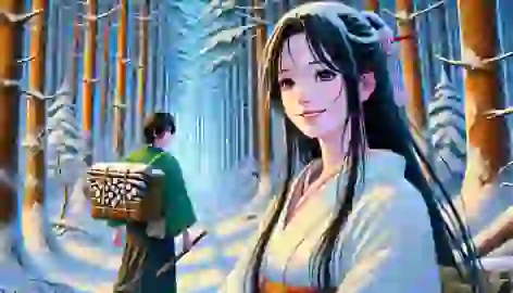 Minokichi meets Oyuki in a snow-covered forest; she smiles warmly, dressed in a white kimono, as he approaches cautiously.