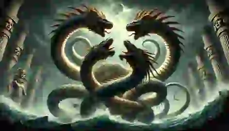 Serpent forms of Tezcatlipoca and Quetzalcoatl battling the sea monster Cipactli.