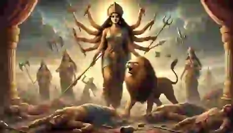 Durga stands victorious with her weapons, surrounded by the fallen generals of Mahishasura as her lion roars.