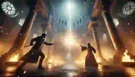 Two powerful wizards clash in a grand hall, with sparks of magic and energy flying around them.