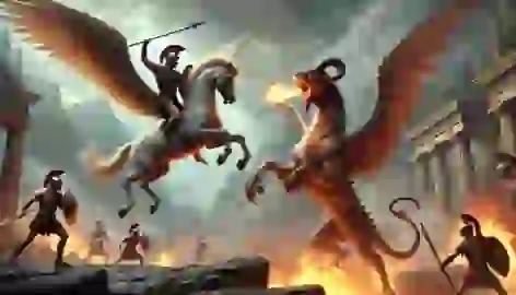  Bellerophon rides Pegasus in mid-flight, hurling a spear at the fiery Chimera below in a rugged and smoky landscape.