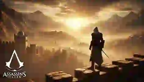 Altair stands alone on the walls of Masyaf, looking out over the sunset-lit landscape after his final battle.