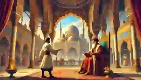 Cemşab stands before the Sultan in a grand palace, refusing to reveal the source of the miraculous cure.