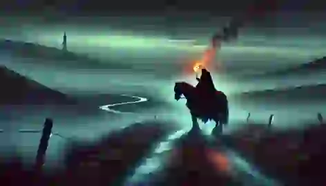 The Dullahan rides away into the fog, his glowing head visible as he disappears into the misty landscape.