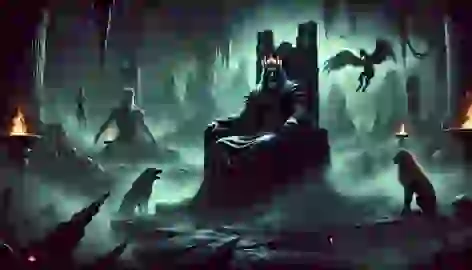 Hades on a dark throne with Cerberus beside him, surrounded by mist and drifting souls in the eerie Underworld.