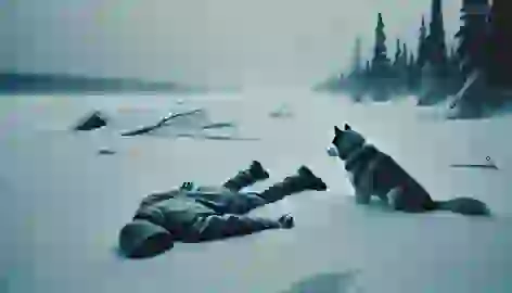 The man lies motionless in the snow, his body covered in frost, while the husky watches silently.