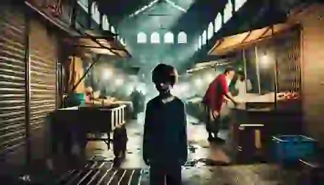 A boy stands in a near-empty bazaar, looking disappointed as the dim lights cast long shadows over the stalls.