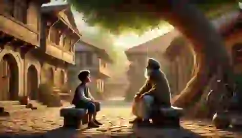 A boy listens attentively to a wise man on a bench in a peaceful village square, bathed in warm sunlight.