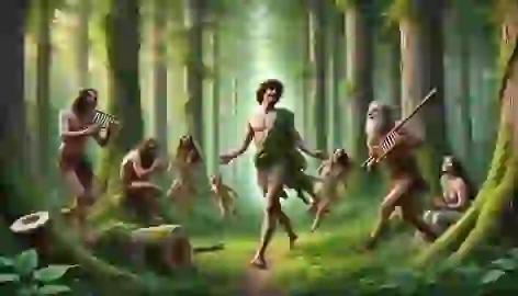 Young Dionysus wanders through a lush forest with satyrs and nymphs, dancing joyfully.