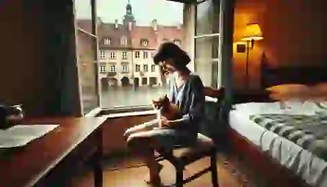 American woman sits by the window inside a hotel room, holding a small wet cat, while her husband reads in the background.