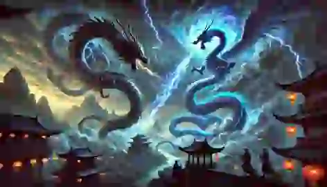 The Blue Dragon battles a shadowy serpent in the sky above a Chinese village, watched by awestruck villagers.