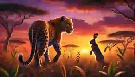 The Leopard retreats into the savanna at sunset while the Hare stands victorious on a hill.