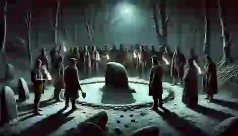 A group of men with torches stand before an ancient stone circle in a dark forest, staring at mysterious hoof-like prints.