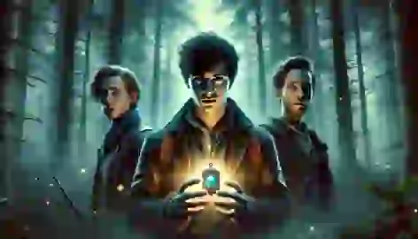 Three young wizards stand in a misty forest, holding a glowing locket, with determined expressions.