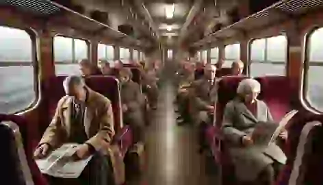 Crowded train compartment, passengers lost in thought, viewed from the couple