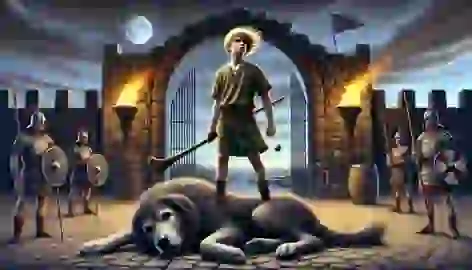 Cú Chulainn standing over the defeated hound of Culann, with a torch-lit entrance and a twilight sky in the background.