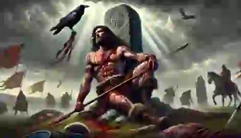 Cú Chulainn tied to a standing stone in his final moments, with a raven perched on his shoulder and a stormy battlefield around him.