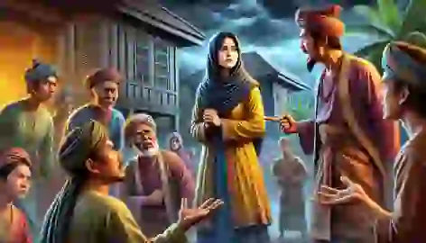  Mahsuri stands in front of angry villagers while Wan Mahura points at her, and dark storm clouds gather overhead.