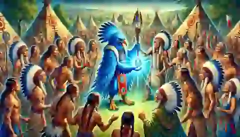 Blue Eagle presenting the Sacred Stone to the tribal elders, surrounded by his celebrating tribe.