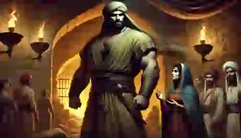 Rostam disguised as a merchant, standing with Manijeh near the dungeon entrance, planning Bijan’s rescue.