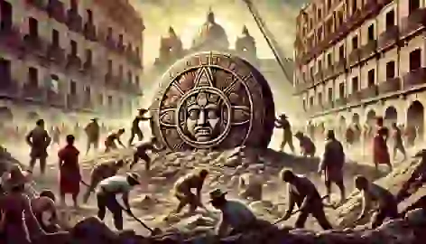 Workers rediscovering the Aztec Sun Stone in Mexico City